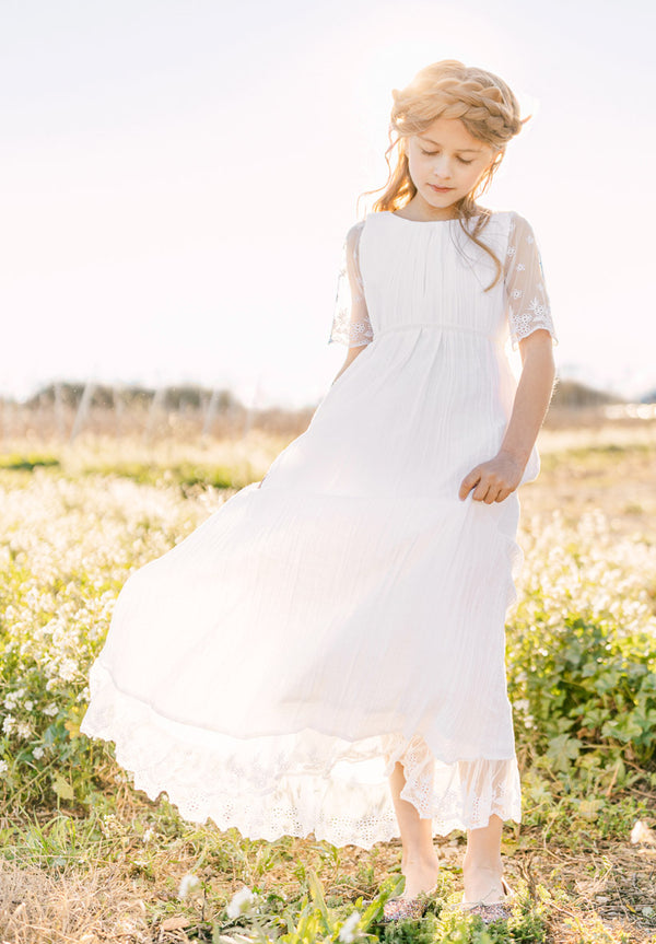 THELMA Girls' Cotton Crepe Dress ~ Ivory Color