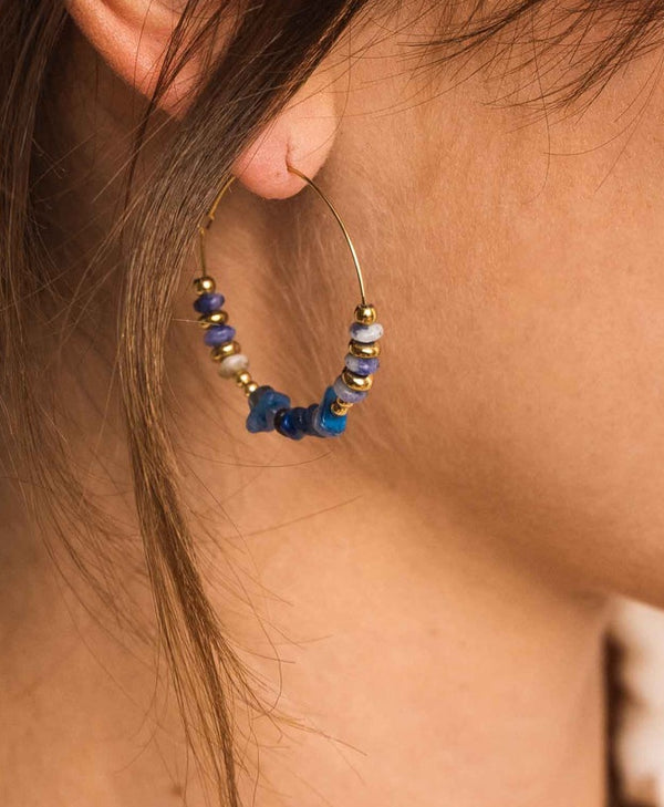 Gold hoop earrings with beads &amp; blue Sodalite stones ~ Daleyza