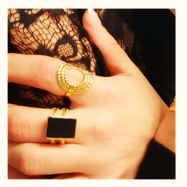 Rectangular golden ring, Onyx stone ~ Becca