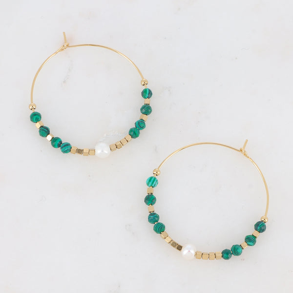 Créoles dorées perles & pierres Agate verte ~ Line