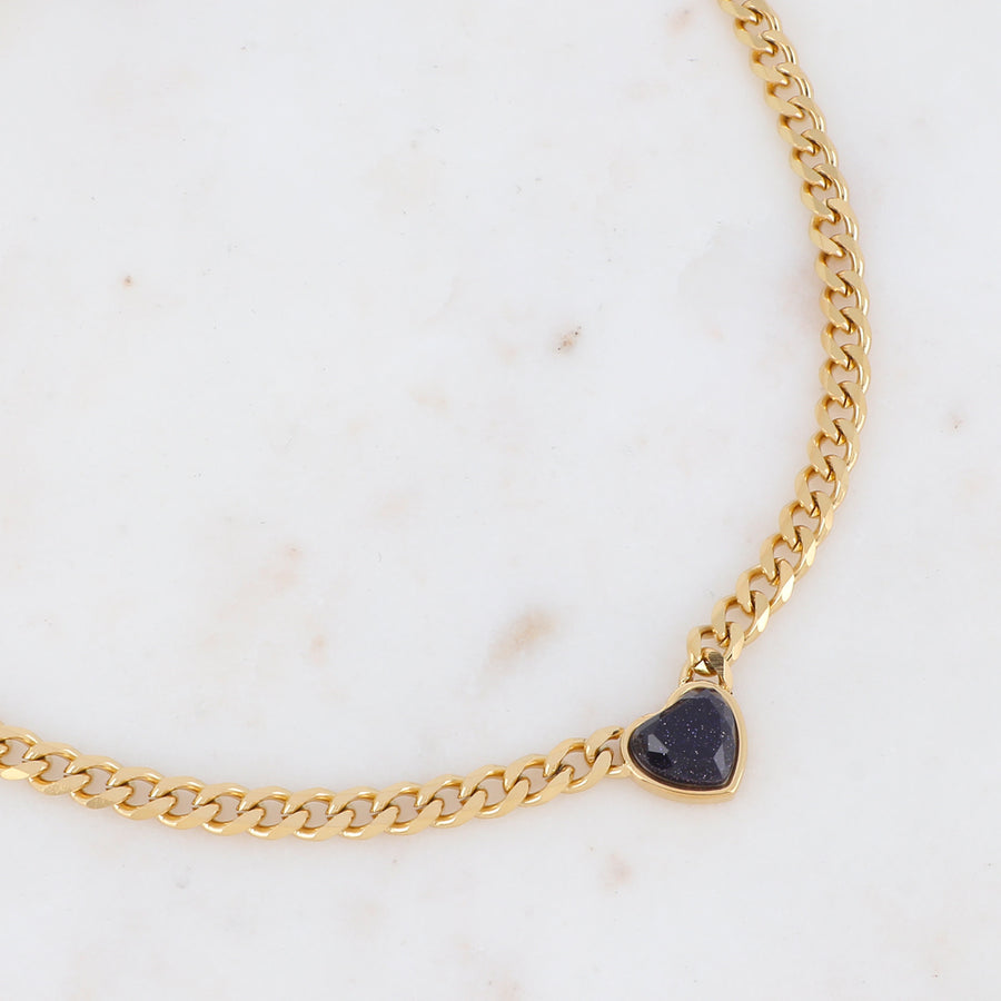 Collier maille doré, coeur Bleu Sand - LES KOKETTERIES