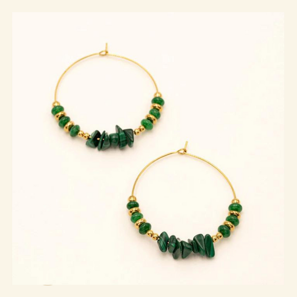 Créoles dorées perles Jaspe vert & Malachite ~ Daleyza